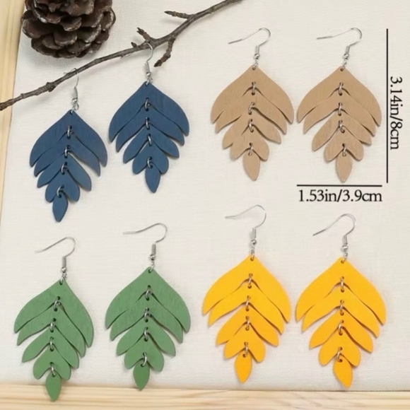 Green - Leaf Feather Wooden Drop Geometric Earrings - Picture 2 of 4